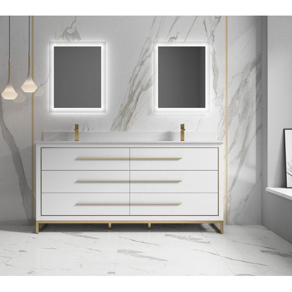 Everly Quinn Genai 72 Inch Double Sink Vanity With Brush Gold Hardware ...
